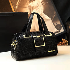  Close-up of a stylish crocodile pattern Boston bag showcasing its 3-layer design and spacious interior. Black 2