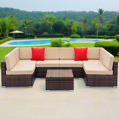 Sectional Sofa Rattan Wicker Patio Furniture Set 7pcs Golden Atelier