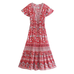 Printed V-Neck Butterfly Sleeve Tiered Midi Dress