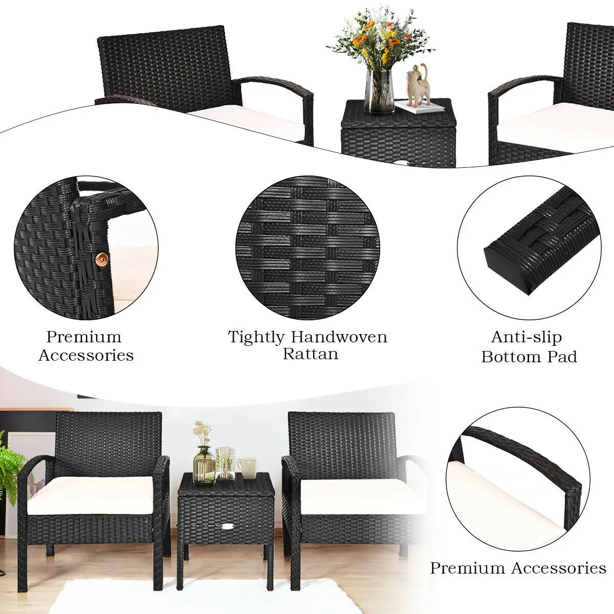 3PCS Patio Rattan Furniture Set Storage Table Cushioned Sofa Black