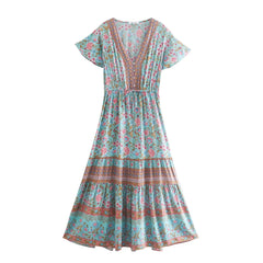 Printed V-Neck Butterfly Sleeve Tiered Midi Dress