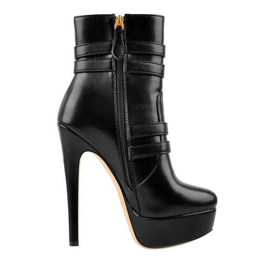 Black faux leather platform stiletto ankle boots with double buckle straps and side zipper.
