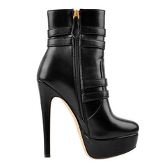 Black faux leather platform stiletto ankle boots with double buckle straps and side zipper.