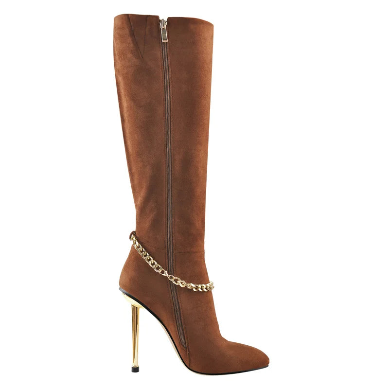 Single brown pointed toe knee-high boot with gold chain accent and stiletto heel