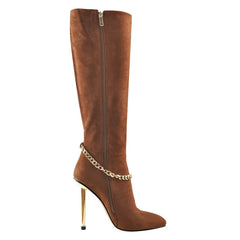 Single brown pointed toe knee-high boot with gold chain accent and stiletto heel