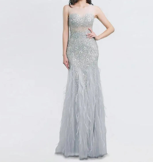 Short Sleeves with Beaded Feather Floor Length Mermaid Prom Dress