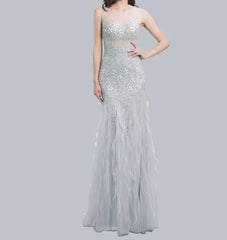 Beaded Feathers Mermaid Floor Length Dress