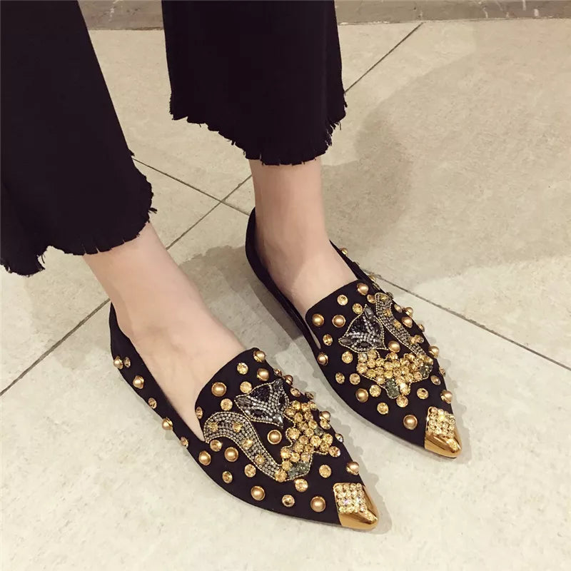 Women's Flat Pointed Toe Closed Loafers Mules Metal Shoes