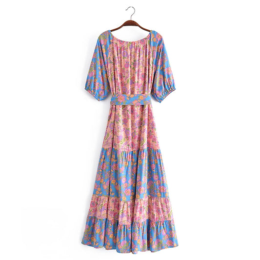 Boho floral print maxi dress flat lay front view