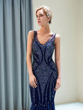 V-Neck Navy Blue Tulle Beaded Crystal Prom Dress
