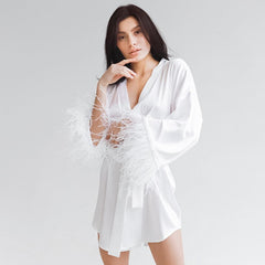 Feather Robes Satin Long Sleeve Loose Women Mini Dress