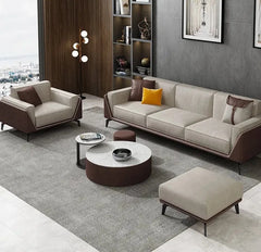  Golden Atelier sectional sofa in a beige fabric with a modular design, allowing for different configurations in a living room setting. Text overlay highlights the ability to customize the color. 5 Seater