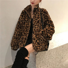 Leopard Print Stand collar Warm Parkas Loose Faux Fur Coats