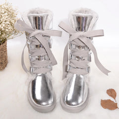 Silver Knee-High Lace-up Snow Boots