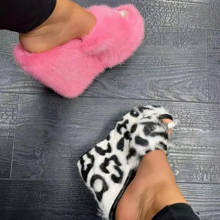 Blue plush fur platform wedge slippers