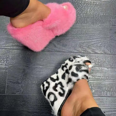 Blue plush fur platform wedge slippers