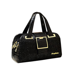  Close-up of a stylish crocodile pattern Boston bag showcasing its 3-layer design and spacious interior. Black 3