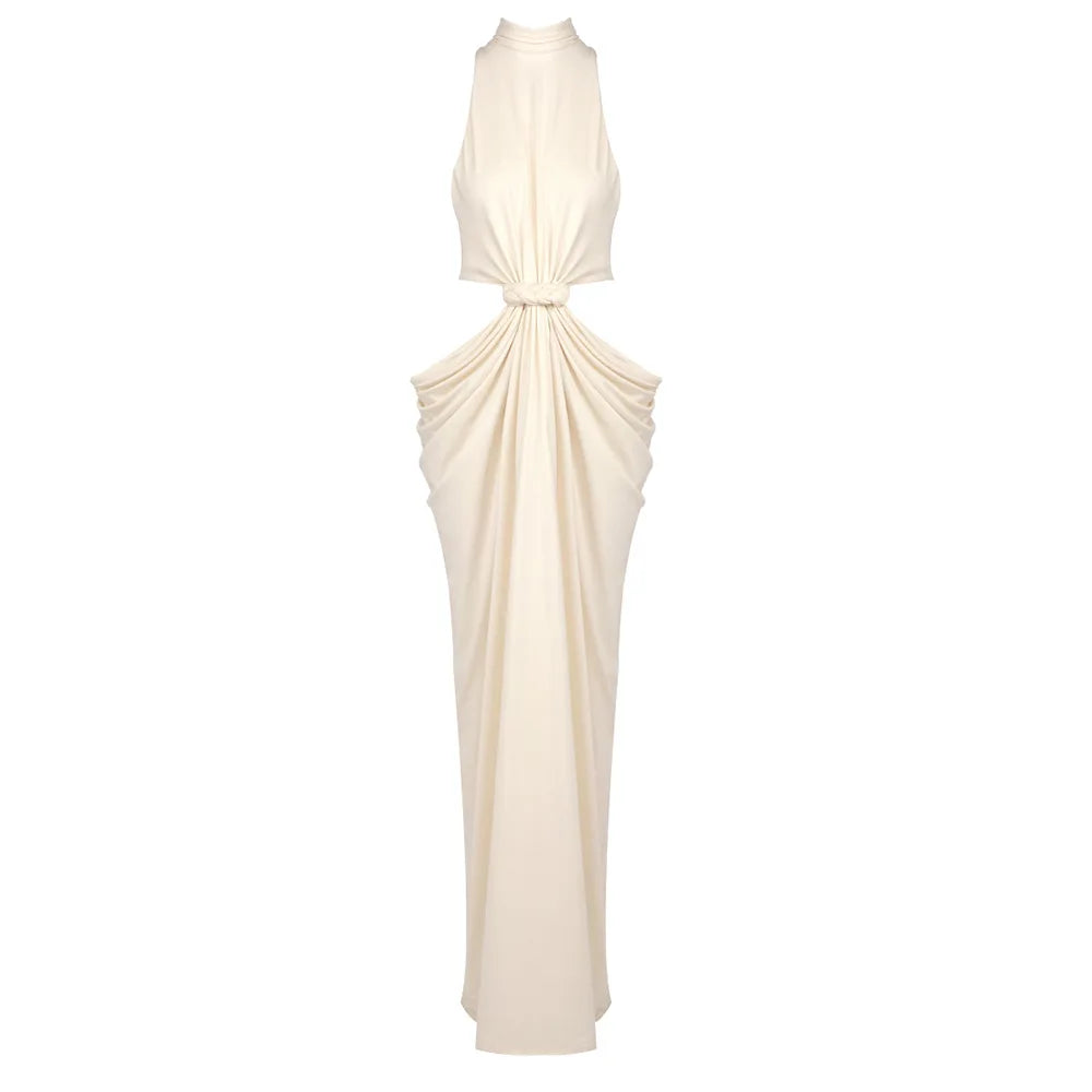 Elegant white halter neck gown on a white background