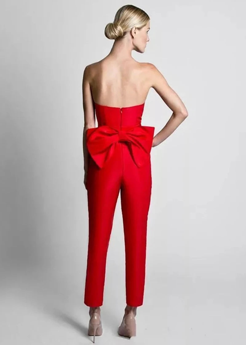 Red Jumpsuit Bow Sleeveless Detachable Skirt Formal Pants Suit 