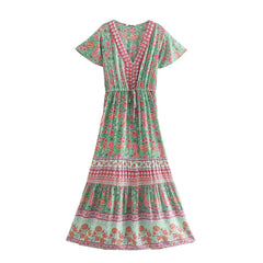 Printed V-Neck Butterfly Sleeve Tiered Midi Dress