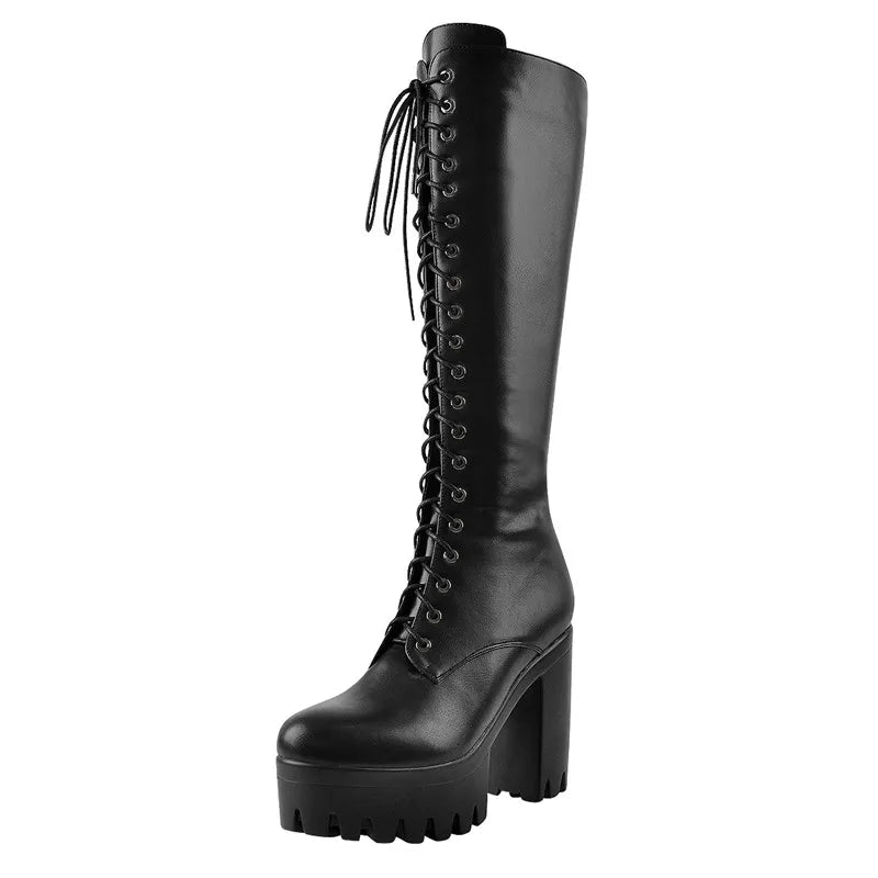Black platform lace-up round toe knee-high boots, front view.