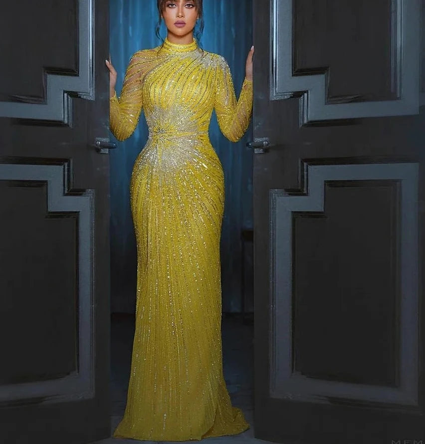 Yellow Mermaid Beading High-Neck Long Sleeves Handmade Gowns