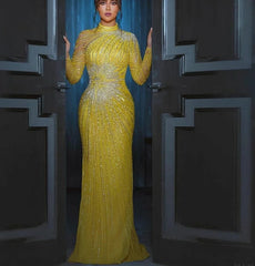 Yellow Mermaid Beading High-Neck Long Sleeves Handmade Gowns