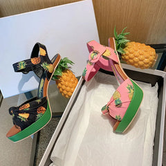 Pineapple high heels buckle strap sandals pink printed Peep-Toe Pumps summer platform shoes women novelty FT919 Golden Atelier