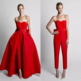 Red Jumpsuit Bow Sleeveless Detachable Skirt Formal Pants Suit
