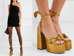 Floral Platform Bow Ankle Strap Heels