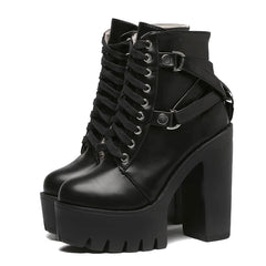 Black Boots Lace-up Soft Leather Platform Shoes