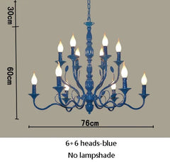 Blue chandelier with dimensions on a gray background