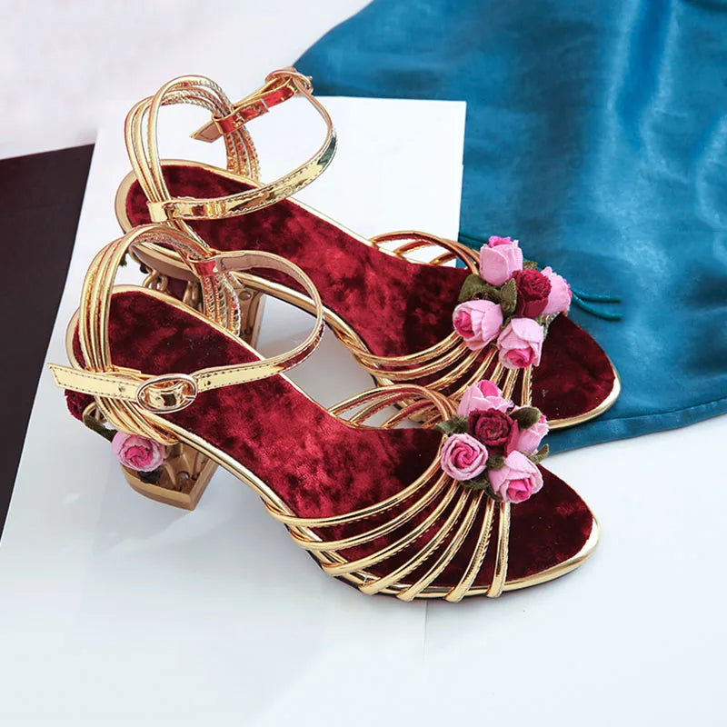 Floral velvet ankle strap heels with golden cage side view