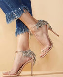 Crystal Fringe Back Silk Straps High Heels Sandals