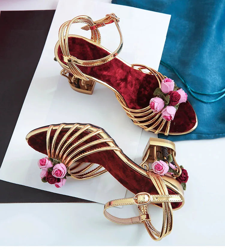 Top-down view of velvet ankle strap heels