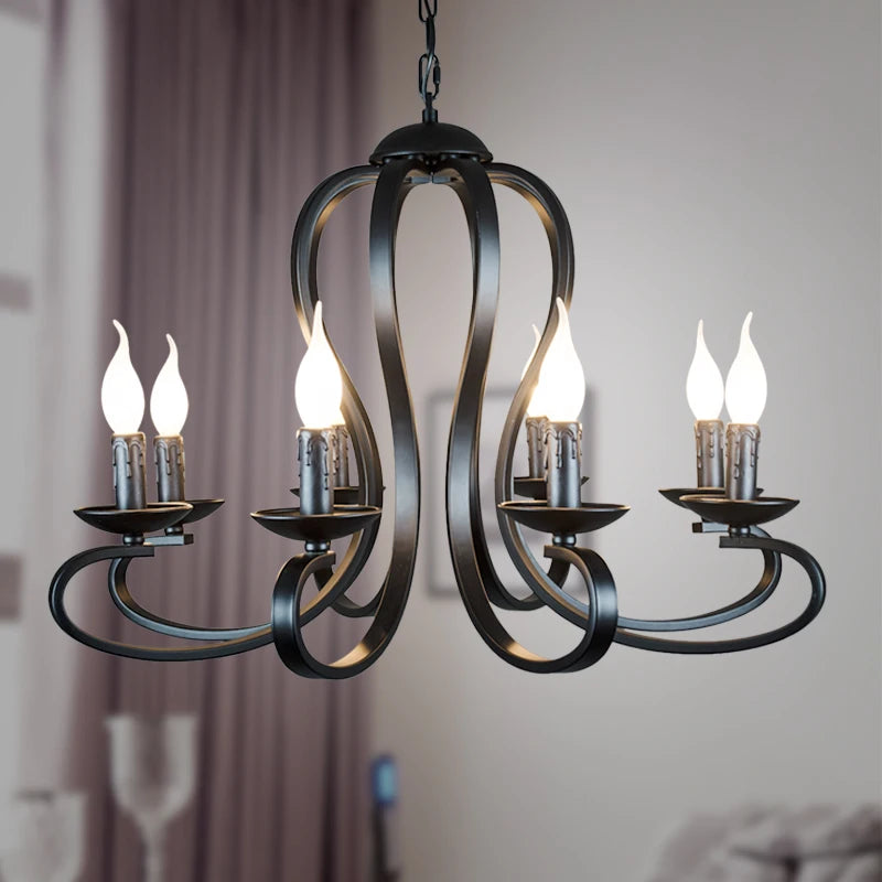 Modern 8-light candle iron semi-flush chandelier in a contemporary living room