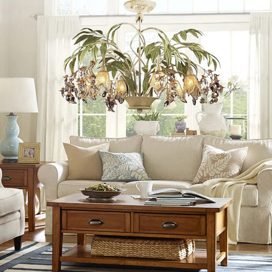 Mediterranean floral ceiling light with glass and crystal flowers illuminating creative living room