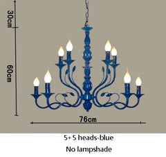 Blue chandelier with dimensions on a gray background