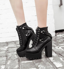 Black Boots Lace-up Soft Leather Platform Shoes