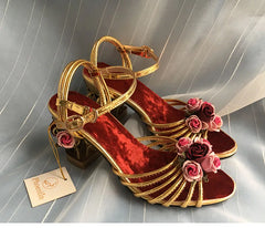 Floral velvet ankle strap heels with golden cage