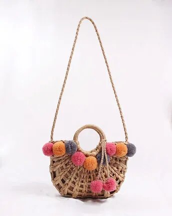 Colorful Wool Ball Pompom Basket Woven Straw Handbag