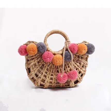 Colorful Wool Ball Pompom Basket Woven Straw Handbag