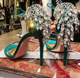 Crystal Fringe Back Silk Straps High Heels Sandals