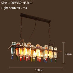 Chandelier with colorful glass shades and dimensions on a brown background