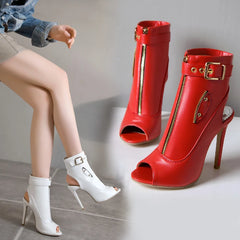 Women PU Leather Open Toe Buckle High Heels Ankle Boots. Golden Atelier 2