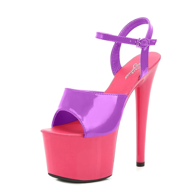 Pink and purple high-heeled platform shoe on a white background