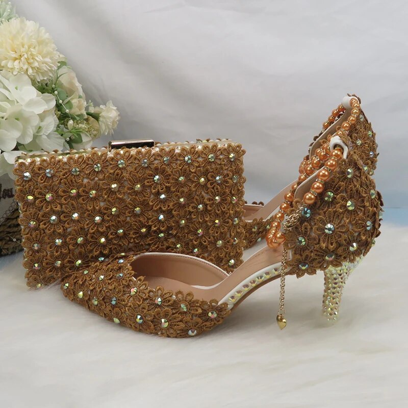 Lace Flower Pearl Ankle Strap Shoe with Matching Purse