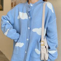 Print Clouds O Neck Long Sleeve Knitted Blue Cardigan