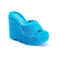 Plush Fur Platform Wedge Slippers