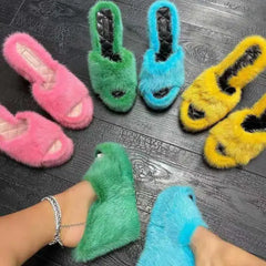 Pink plush fur platform wedge slippers